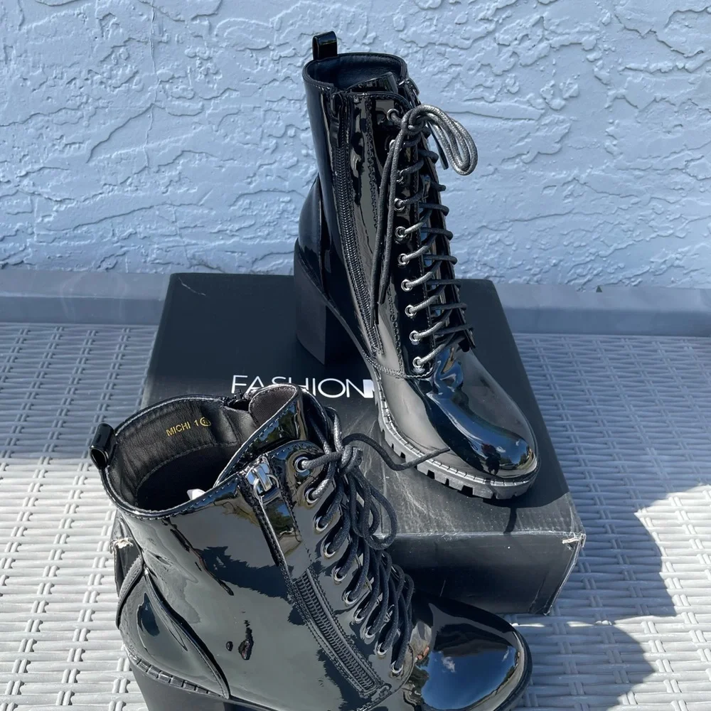 Patent Black Heeled Combat Boots - Picture 2 of 4